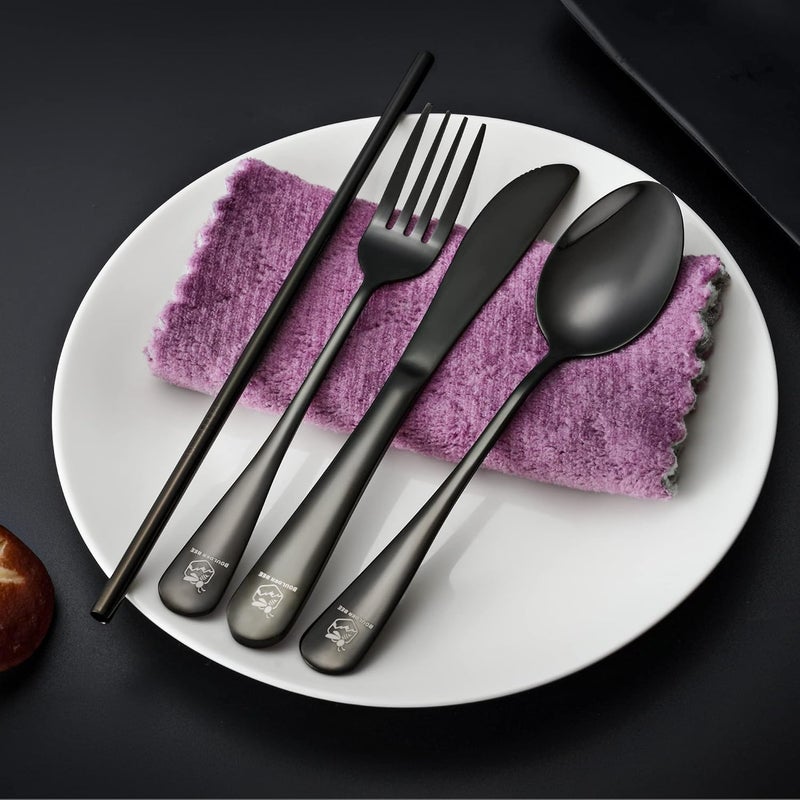Boulder Bee | Travel Utensils Set | Reusable Camping Cutlery Set | Stainless Steel Flatware Set | Portable Silverware Set with Case | Includes Knife/Fork/Spoon/Straw/Cleaning Cloth/Case (Black) - Image 4